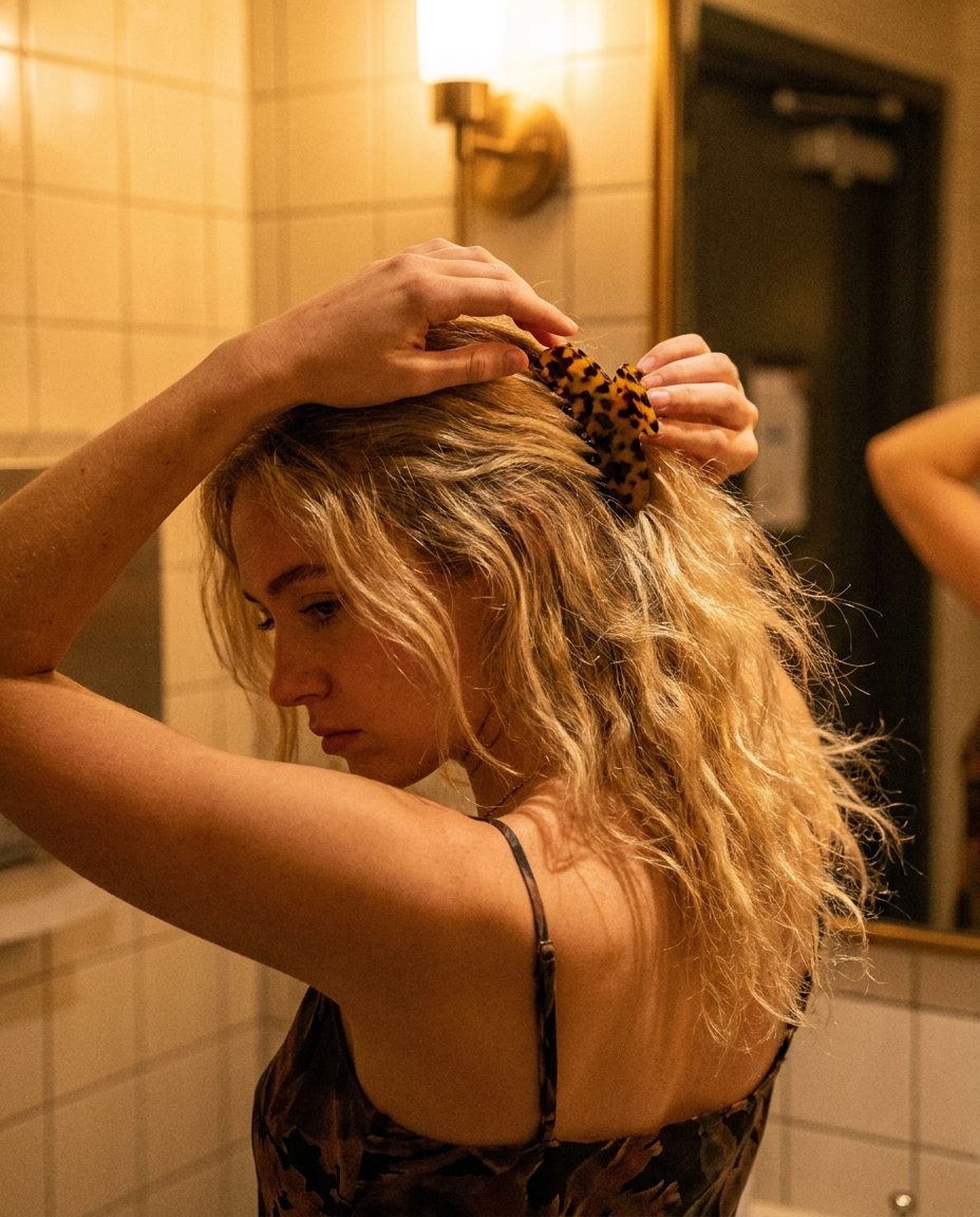 Claw clip in hand, venue bathroom