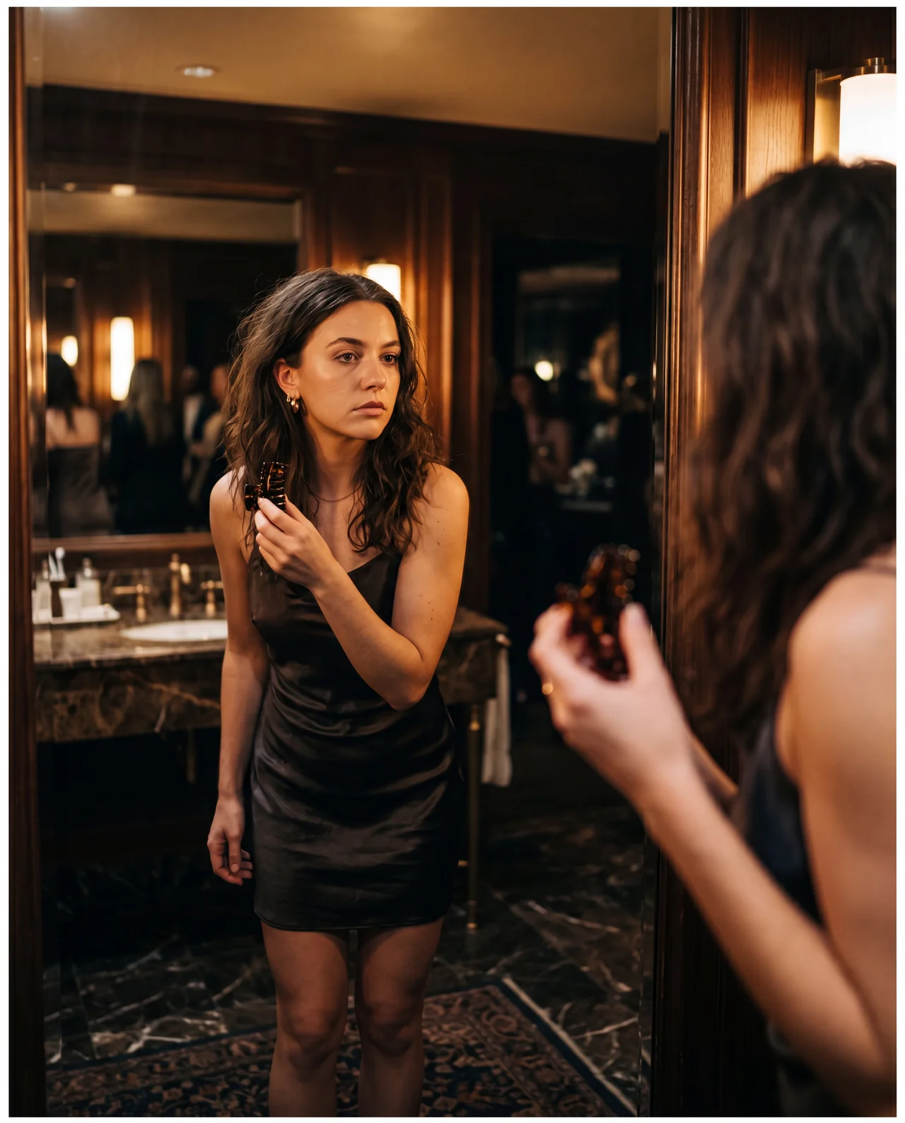 Girl in venue bathroom with frizzy hair holding a claw clip
